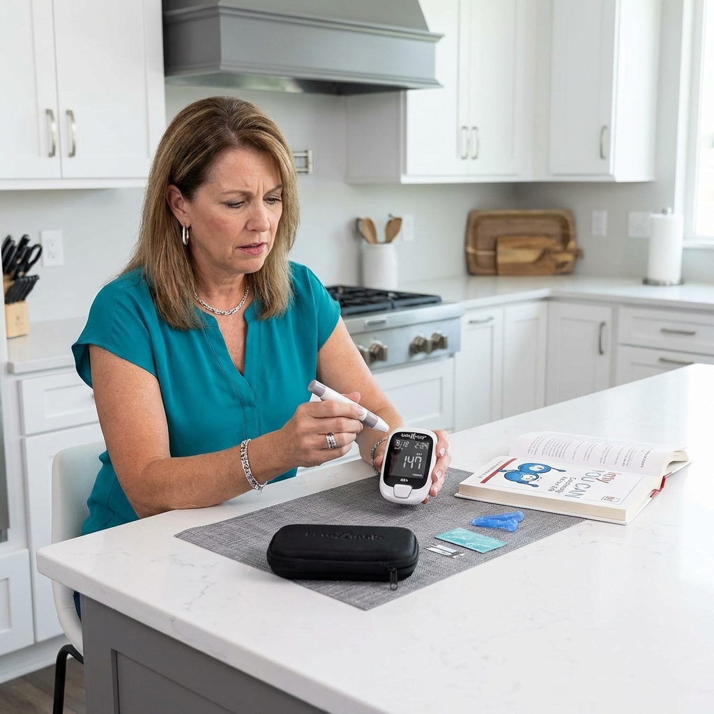Woman concerned while checking blood glucose levels